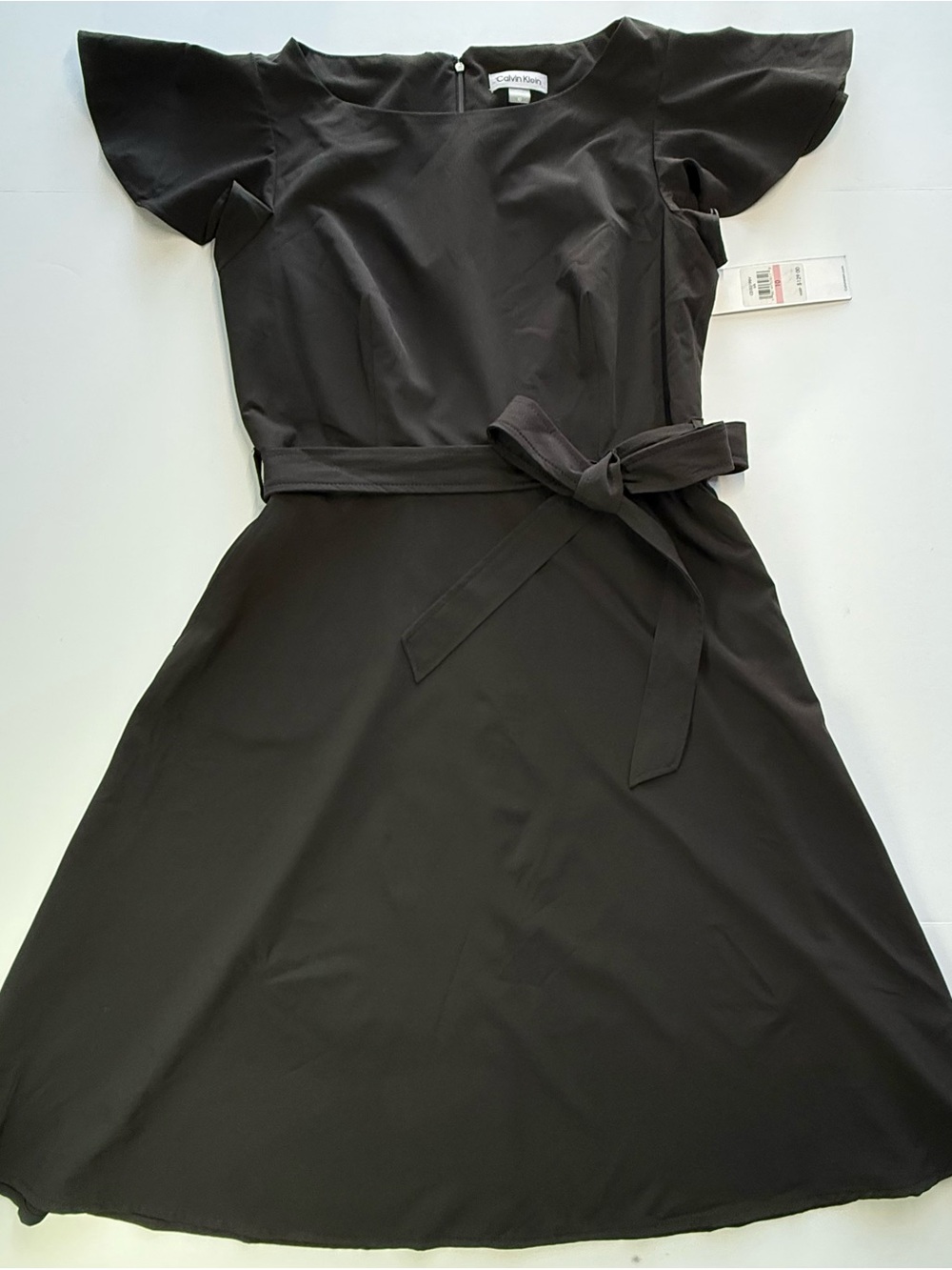 Calvin Klein Dress Womens 10 Black Fit & Flare Flutter Sleeve Belted Pockets NWT - Picture 2 of 9